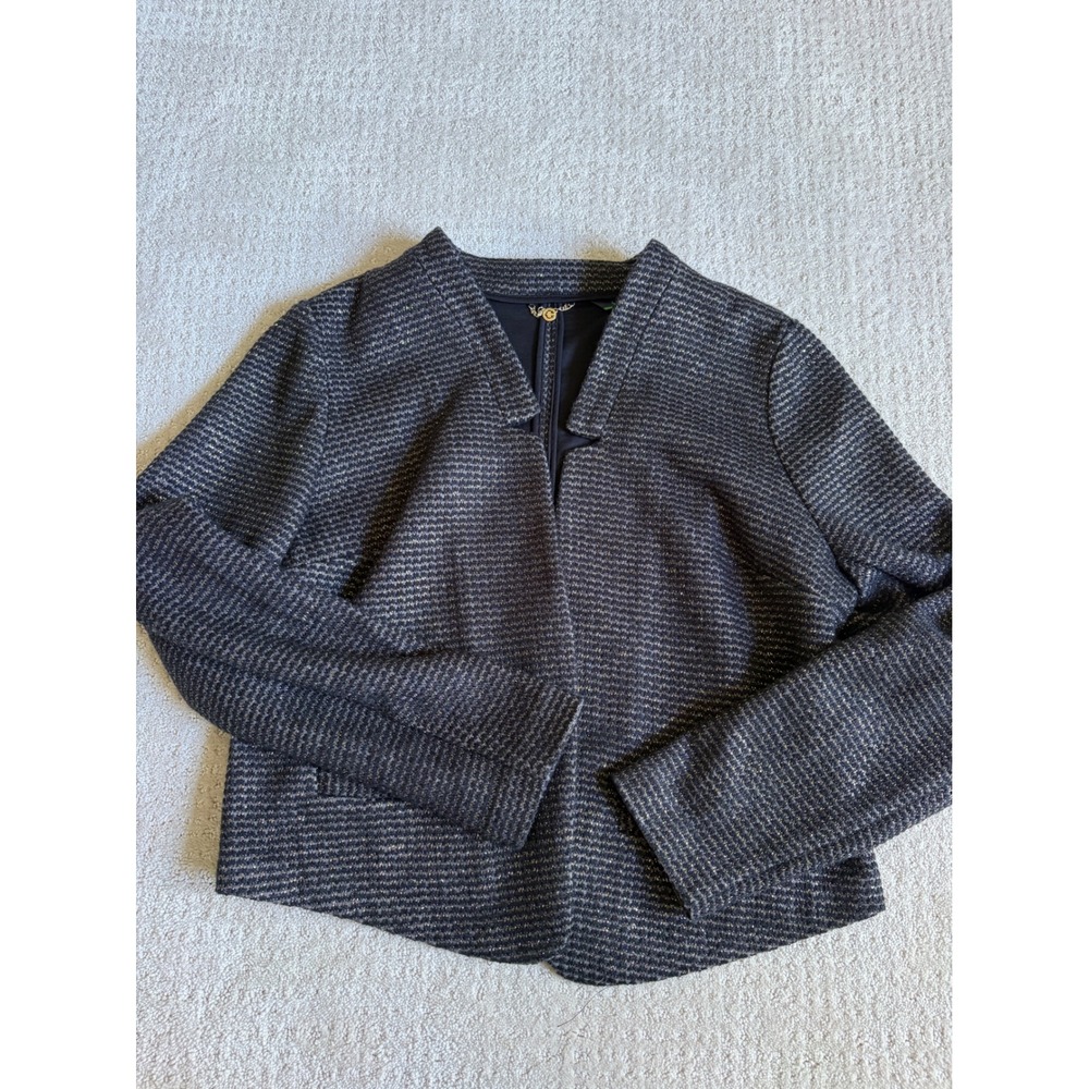 C. Wonder Blazer Jacket L Black Gold Metallic Tweed Office Festive Open Front